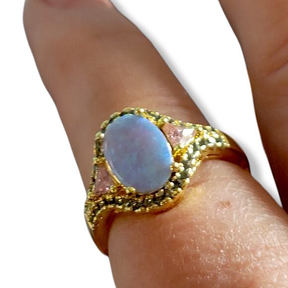 Gold Oval Created Opal Trillion Pink Sapphire and Green Peridot Ladies Ring S 10 - Picture 6 of 6